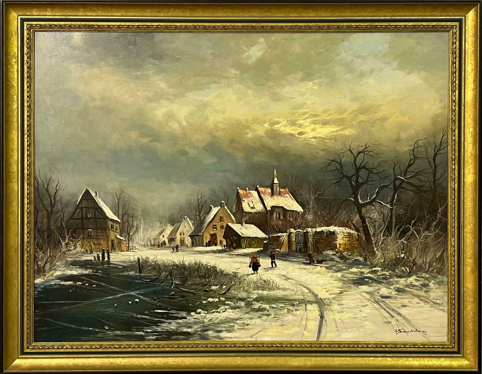 Gunter Seekatz European Village In Winter Snow With Figures & Frozen Pond By German Artist 1972