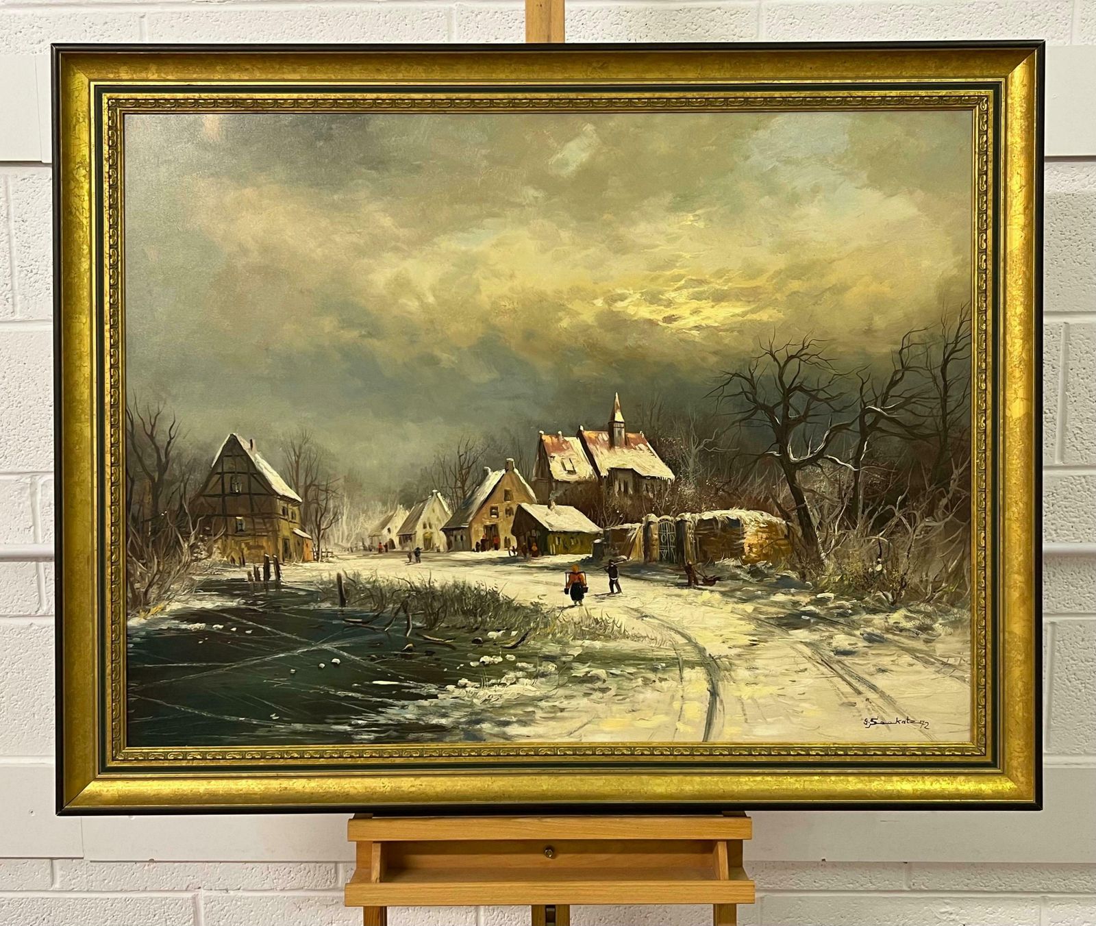 Gunter Seekatz European Village In Winter Snow With Figures & Frozen Pond By German Artist 1972 photo for sale