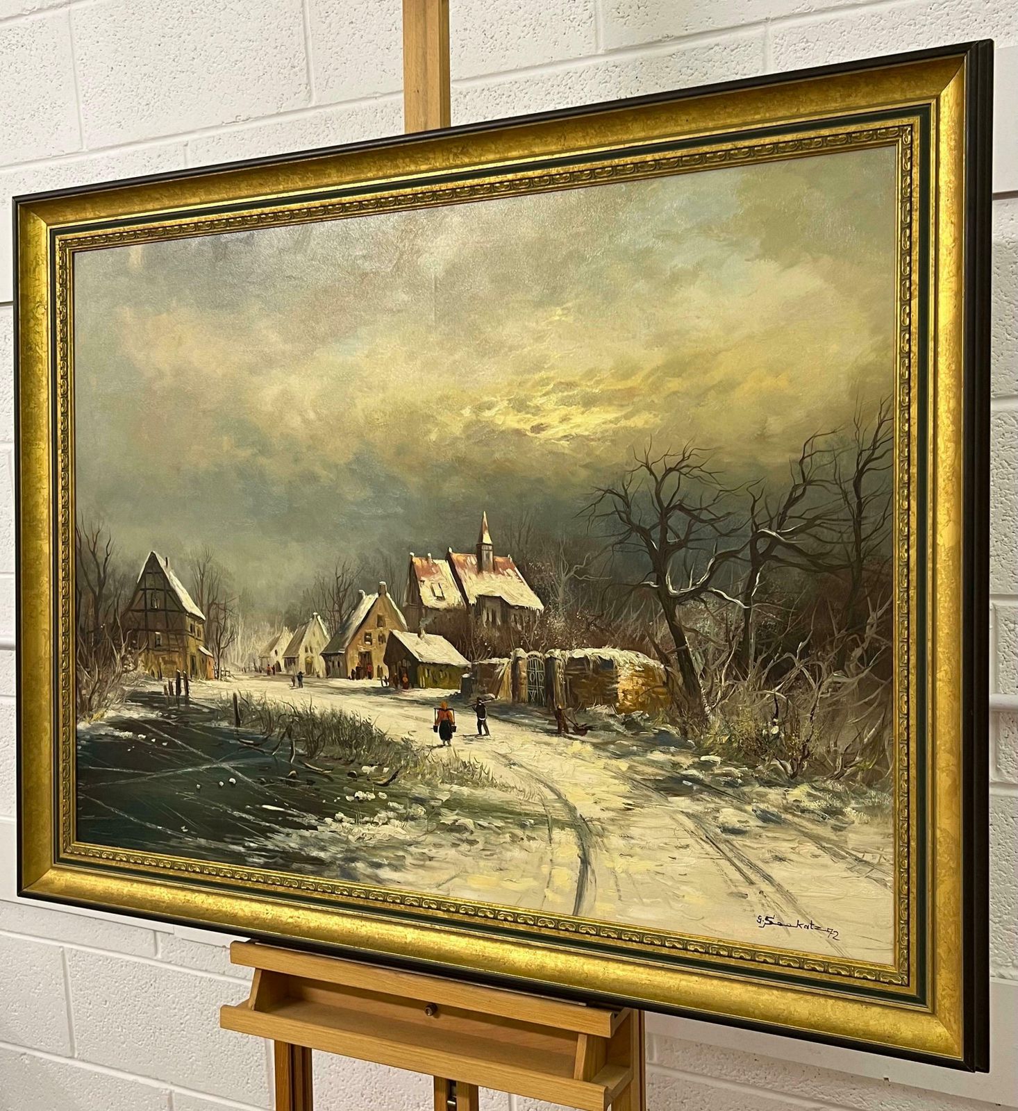 Gunter Seekatz European Village In Winter Snow With Figures & Frozen Pond By German Artist 1972 photo Art