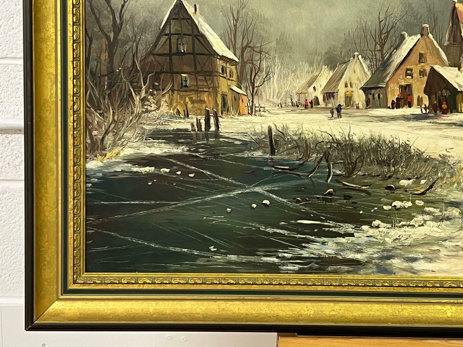 Gunter Seekatz European Village In Winter Snow With Figures & Frozen Pond By German Artist 1972 photo vinterior