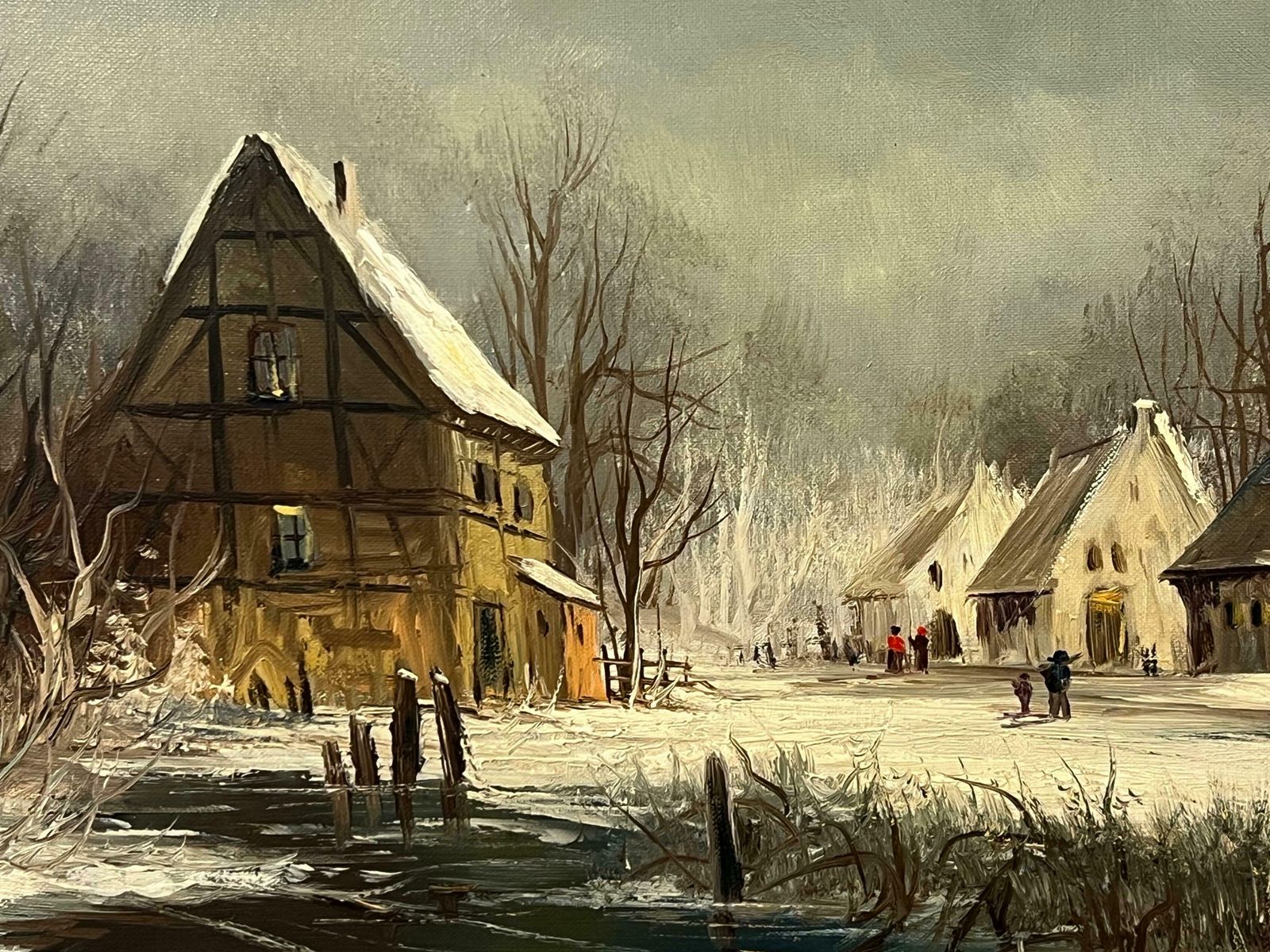 Art Gunter Seekatz European Village In Winter Snow With Figures & Frozen Pond By German Artist 1972 photo