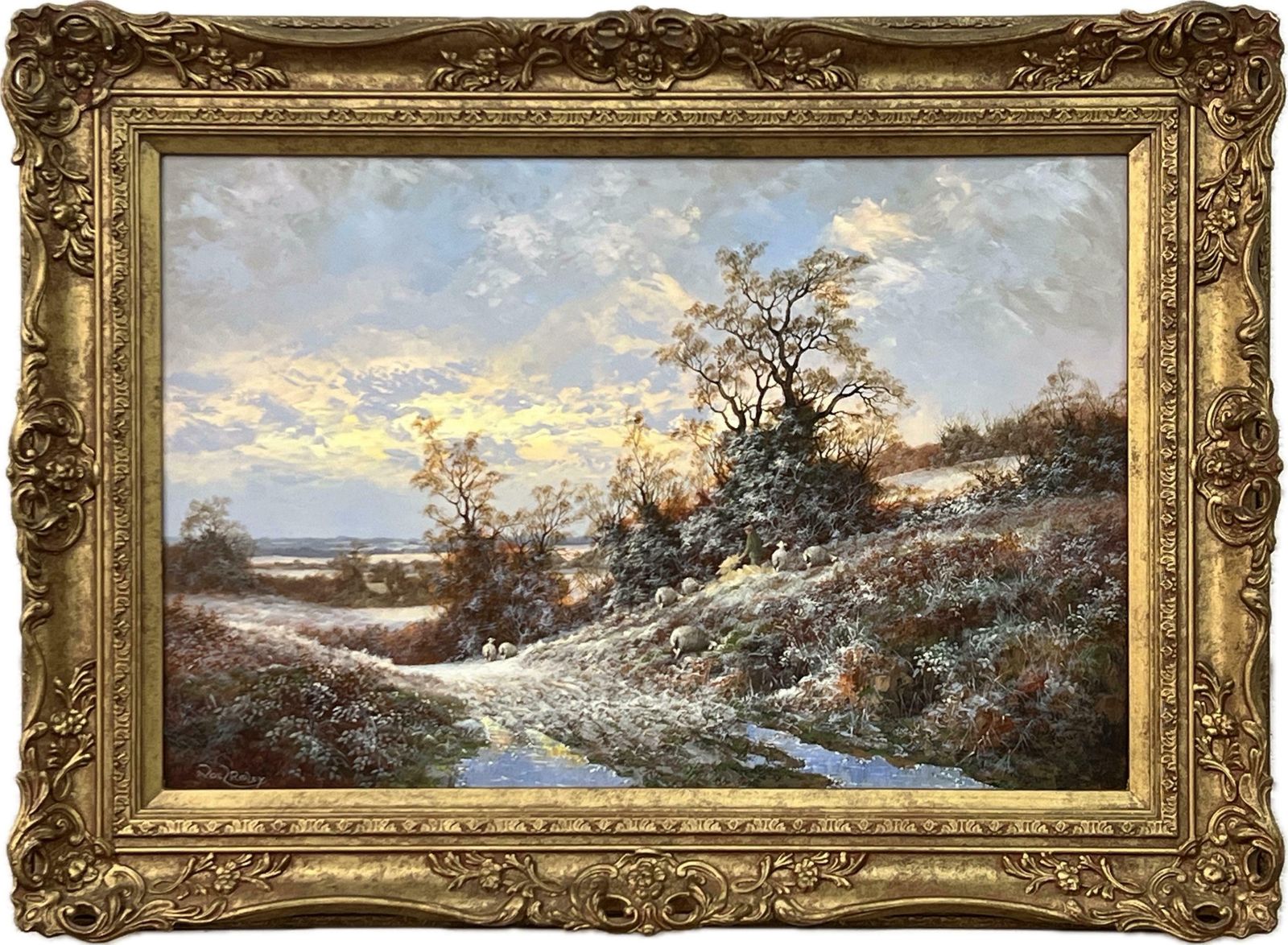 Noel Ripley Winter Sunset With Sheep & Farmer In The English Countryside By British Artist 1985 Circa