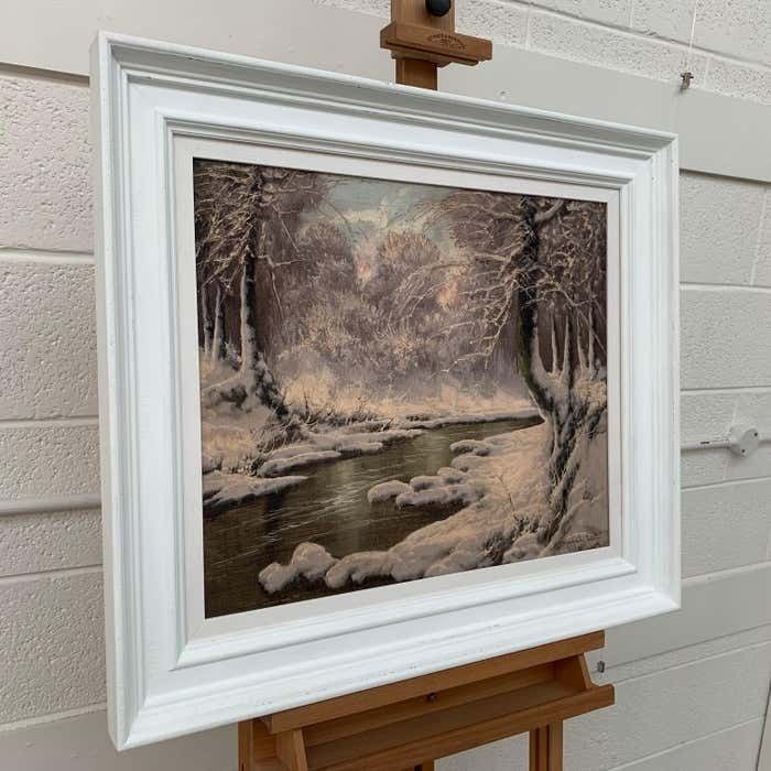 Laszlo Neogrady 20th Century Painting Of A Hungarian Winter Wonderland Forest River Snow Scene Circa 1925 photo furniture