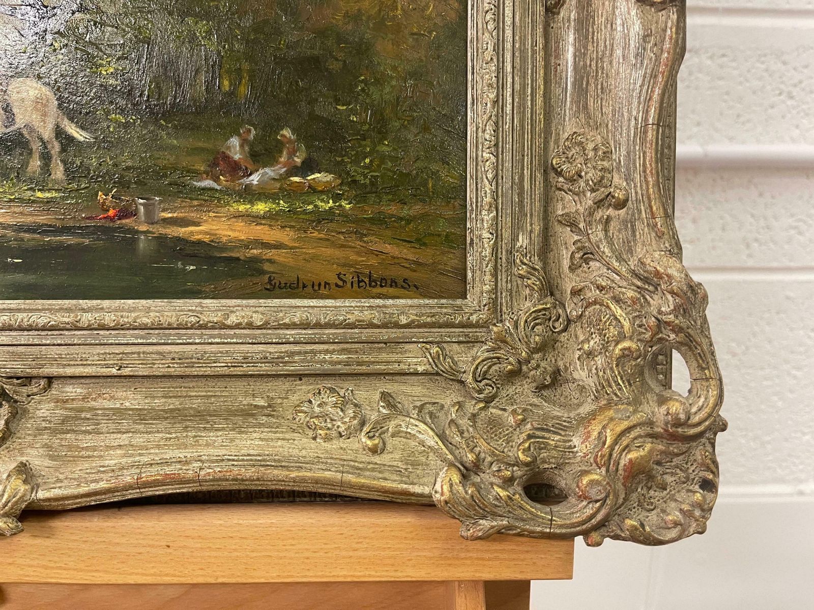 Gudrun Sibbons Oil Painting Of Family Picnic By The River With Horse & Dog By British Artist  1960 Circa photo buy