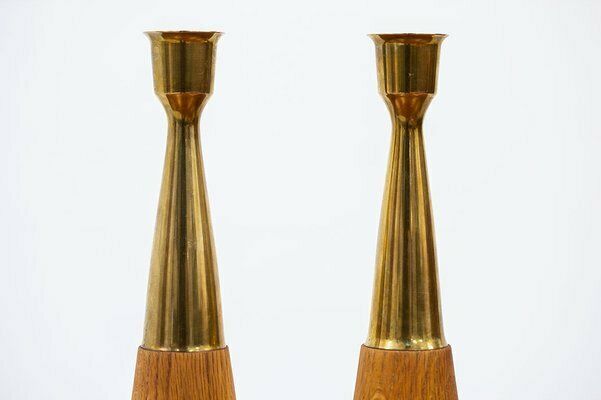 Vintage Scandinavian Oak & Brass Candlesticks, 1960s, Set Of 2 photo Home Decor