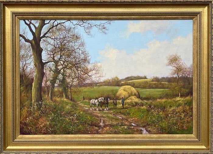 James Wright Horses With Ploughmen In The English Countryside By Realist Landscape Artist 1990 Circa