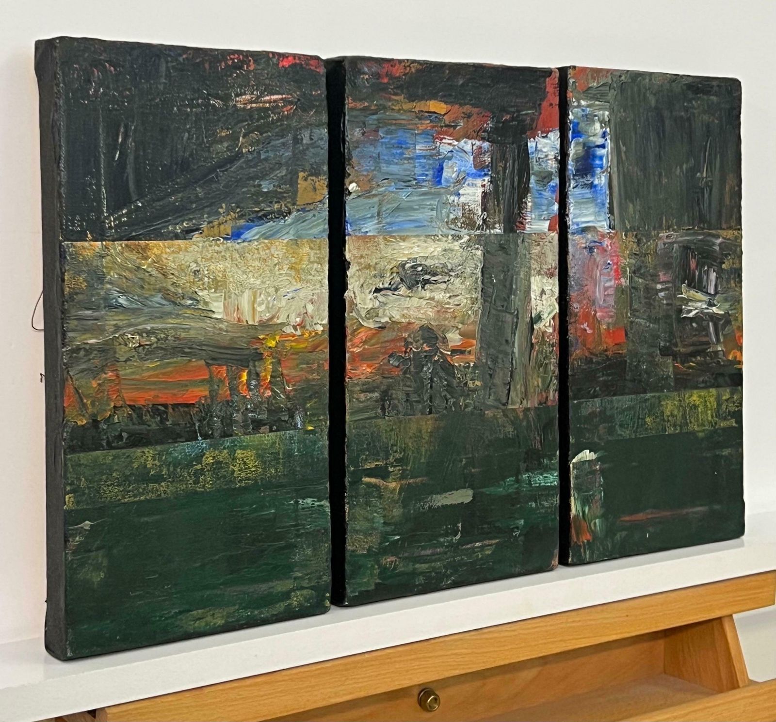 Angela Wakefield Small Triptych Abstract Forest Trees Landscape Painting By British Urban Artist 1999 photo furniture