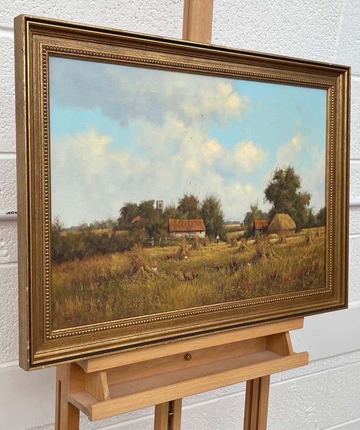 James Wright Farm Scene With Haystacks In The English Countryside By Realist Landscape Artist 1990 Circa photo for sale