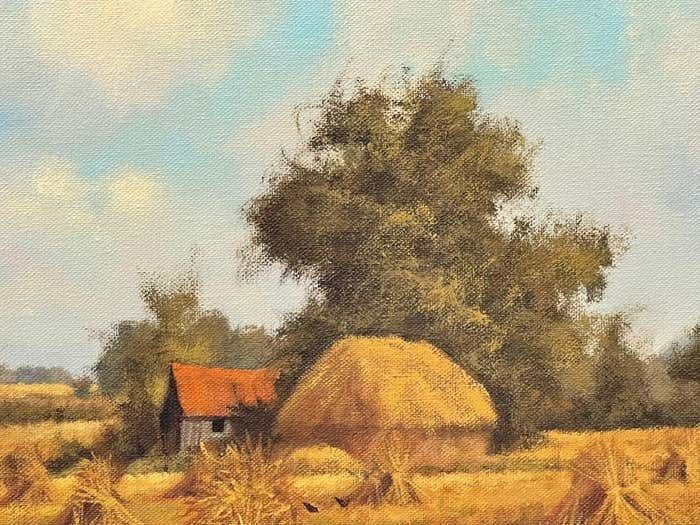 photo buy James Wright Farm Scene With Haystacks In The English Countryside By Realist Landscape Artist 1990 Circa