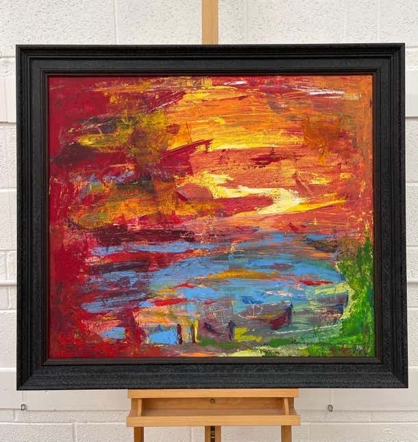 Angela Wakefield Abstract Blue Orange & Red Lake Sunset Landscape By Contemporary British Artist  2000 photo 60000.0