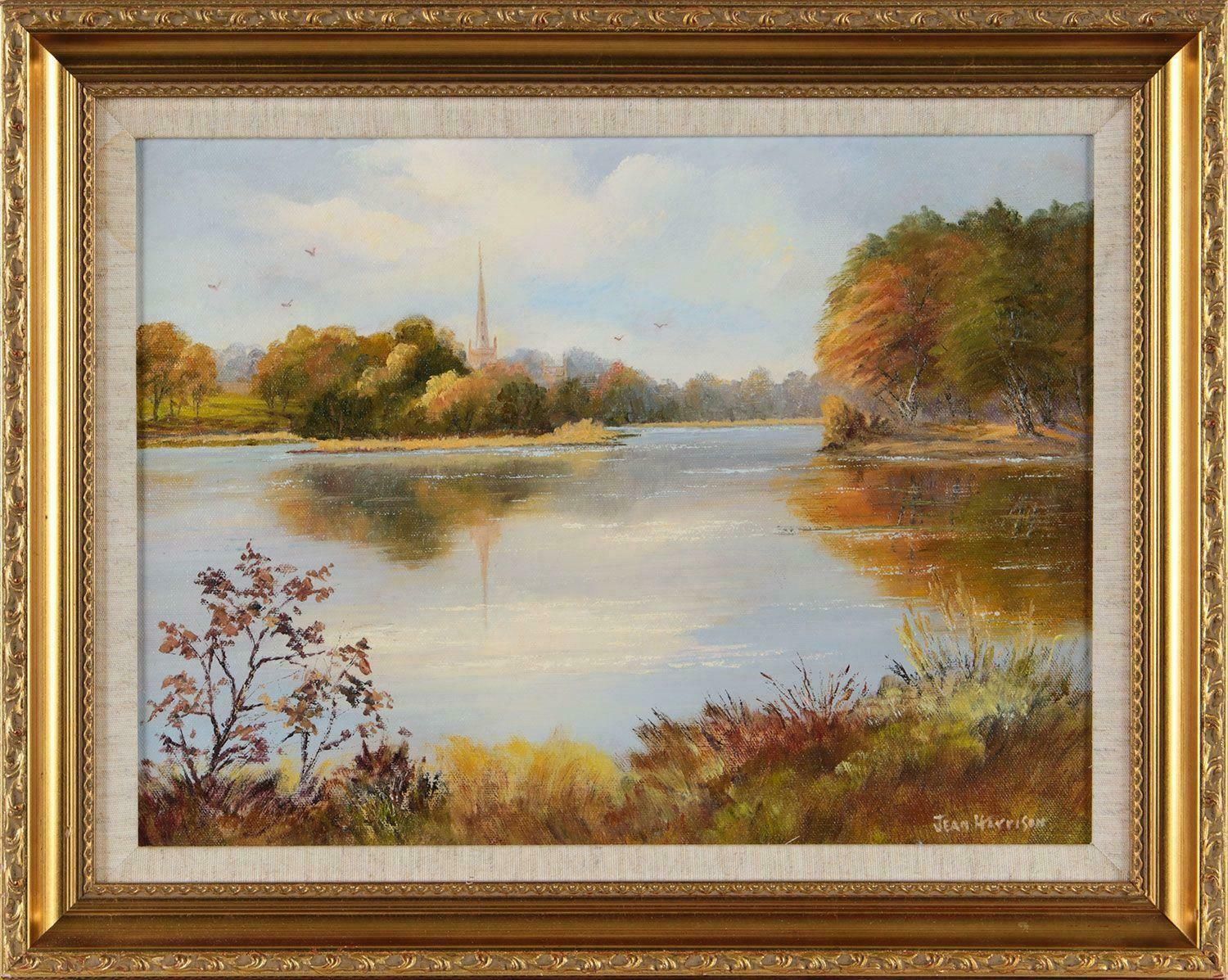 Jean Harrison Oil Painting Of Lake Scene Northern Ireland With Village Church By Irish Artist  1985 Circa photo for sale