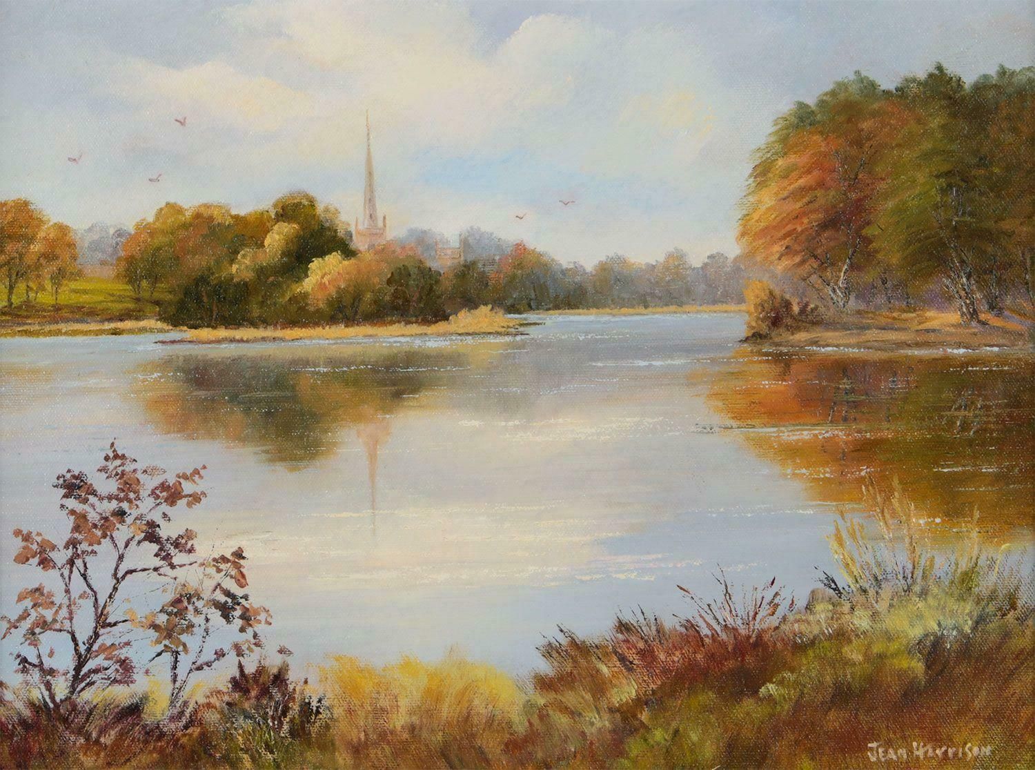 Jean Harrison Oil Painting Of Lake Scene Northern Ireland With Village Church By Irish Artist  1985 Circa photo Art