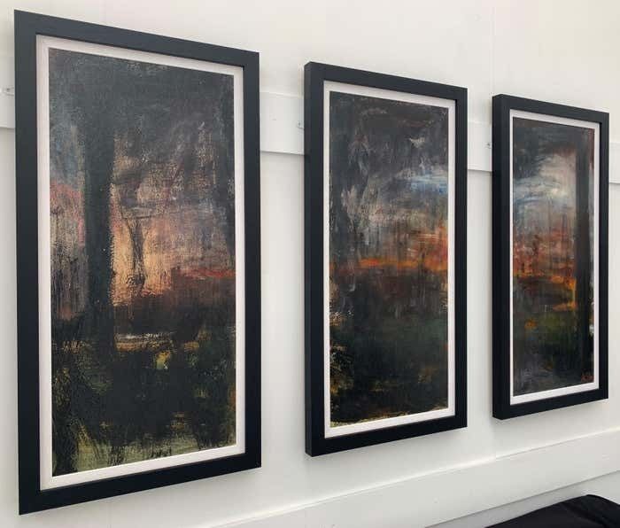 Angela Wakefield Triptych Abstract Forest Trees Landscape Painting By British Urban Artist 1999 photo furniture