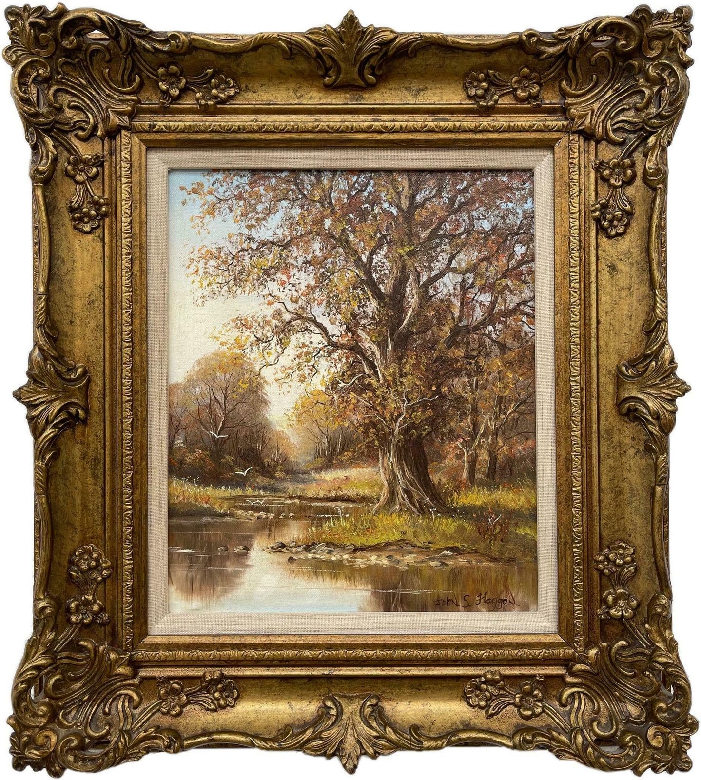 John S Haggan Autumn Trees By River In County Tyrone By 20th Century Modern Irish Artist  1985 Circa