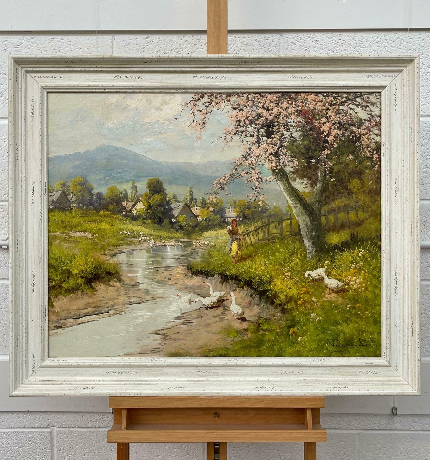 Laszlo Neogrady Countryside Village River Scene With Tree Blossom, Figure And Geese 20th Century  Circa 1925 photo for sale