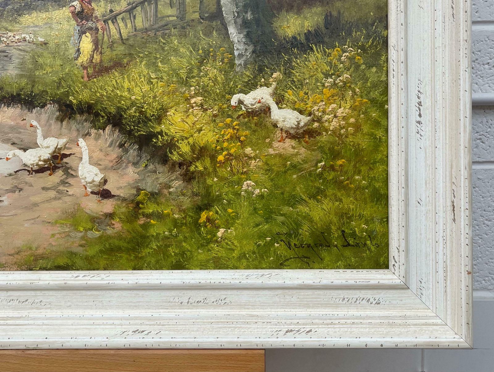 Laszlo Neogrady Countryside Village River Scene With Tree Blossom, Figure And Geese 20th Century  Circa 1925 photo buy