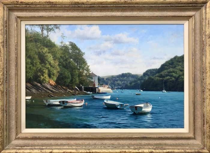 Peter Symonds Oil Painting Of Boats On River Yealm Devon England By British Landscape Artist 2003