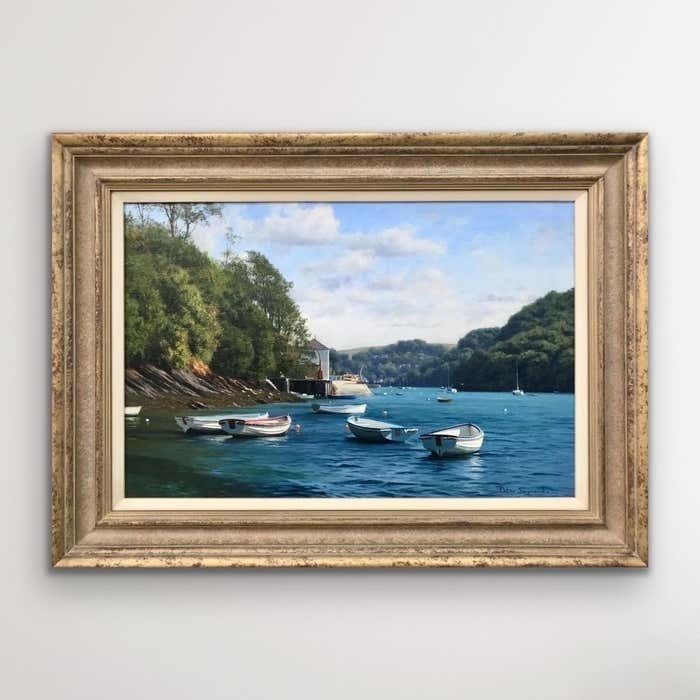 Peter Symonds Oil Painting Of Boats On River Yealm Devon England By British Landscape Artist 2003 photo furniture