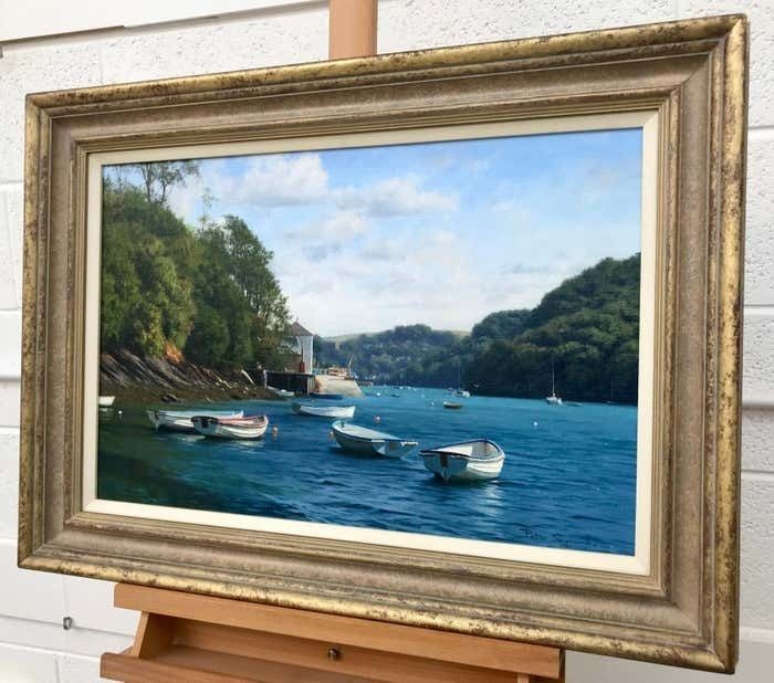 Peter Symonds Oil Painting Of Boats On River Yealm Devon England By British Landscape Artist 2003 photo vintage