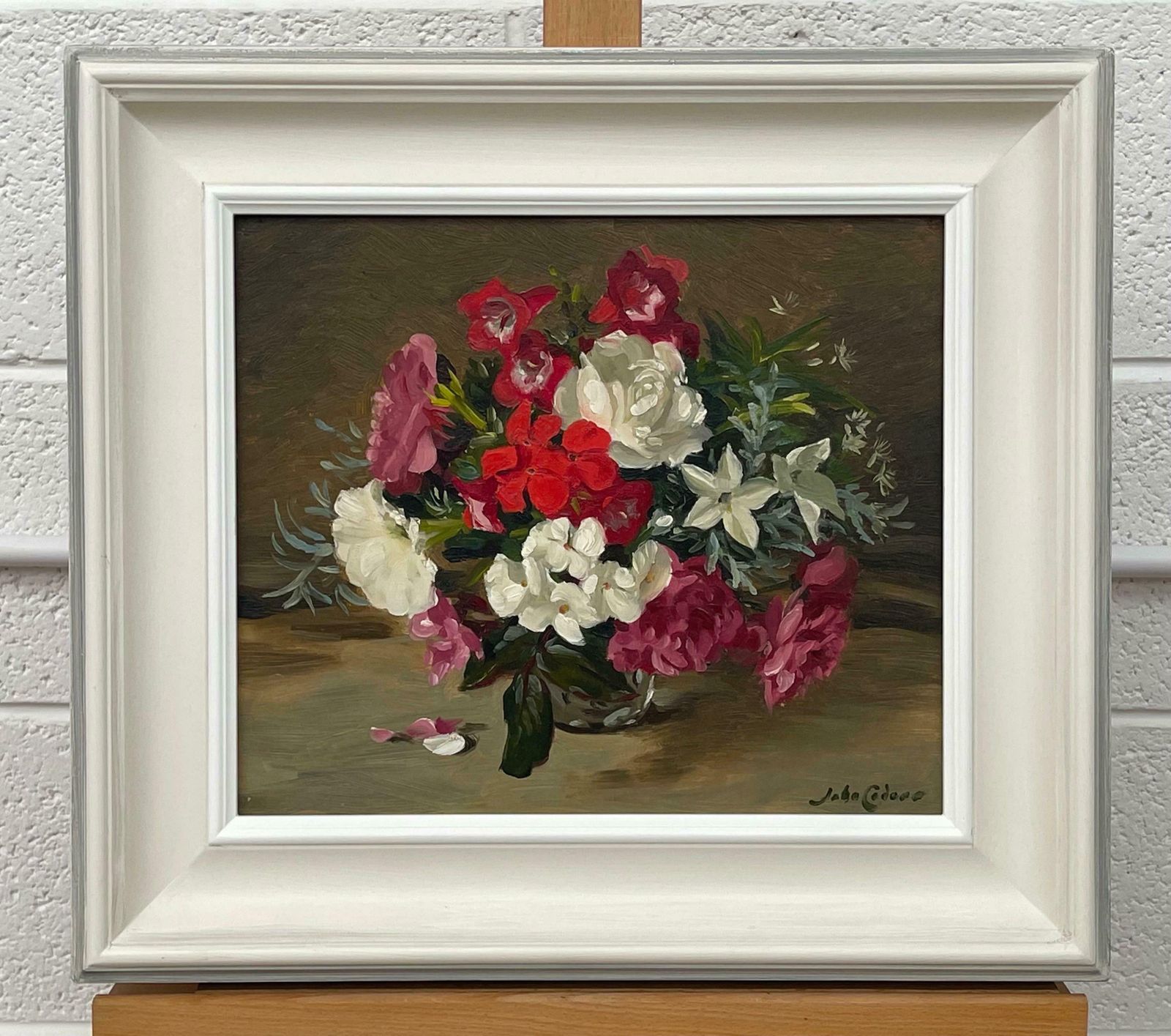 John Whitlock Codner Rwa Still Life Painting Of Red Pink & White Flowers By 20th Century British Artist  1985 photo furniture