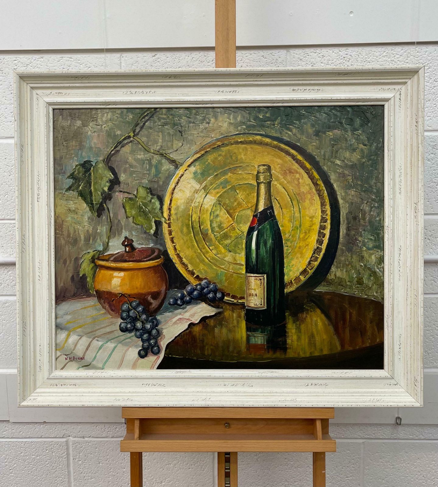 William Henry Burns Champagne Bottle With Grapes Still Life Oil Painting By 20th Century Artist  1985 Circa photo for sale