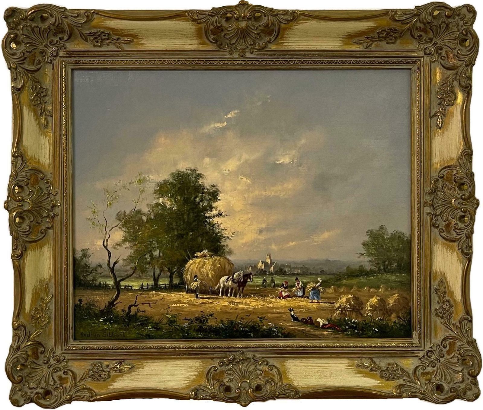 Gudrun Sibbons Oil Painting Of Country Harvest Scene With Horses & Figures By British Artist 1960 Circa