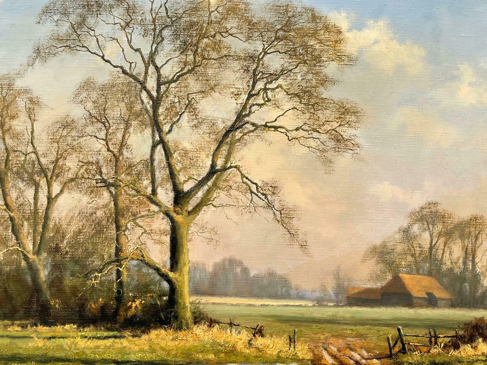 Peter Symonds Oil Painting Of Rural Winter Scene With Oak Trees In England By British Artist  1995 Circa