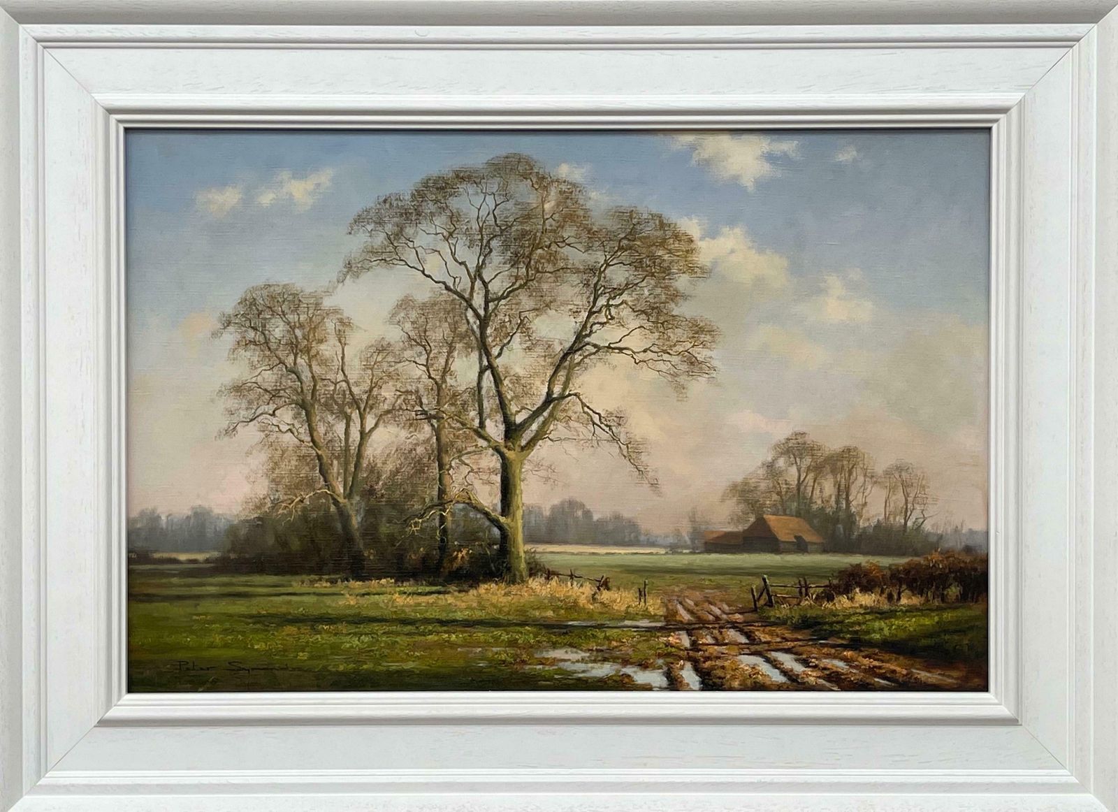 Peter Symonds Oil Painting Of Rural Winter Scene With Oak Trees In England By British Artist  1995 Circa photo for sale