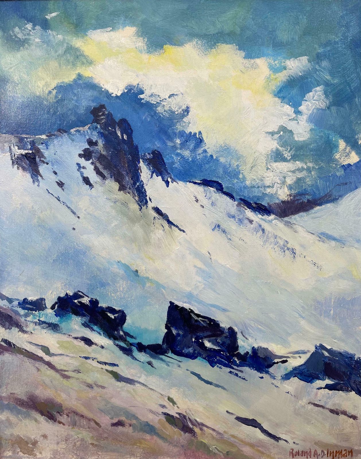 Roland A.D. Inman Blue & White Oil Painting Of The Mourne Mountains Ireland By Modern Irish Artist  2000 Circa photo 1050.0