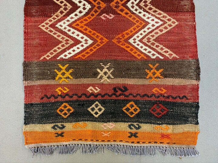 Vintage Turkish Mini Kilim 93x43 Cm Wool Small Kelim Runner, Shabby Chic photo for sale