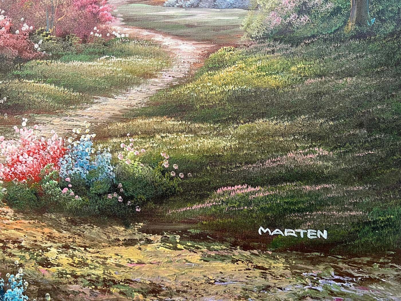 Marten Vintage Oil Painting Of Fantasy Cottage In The Woods With Flowers & Gardens 1980 Circa photo 1995.0