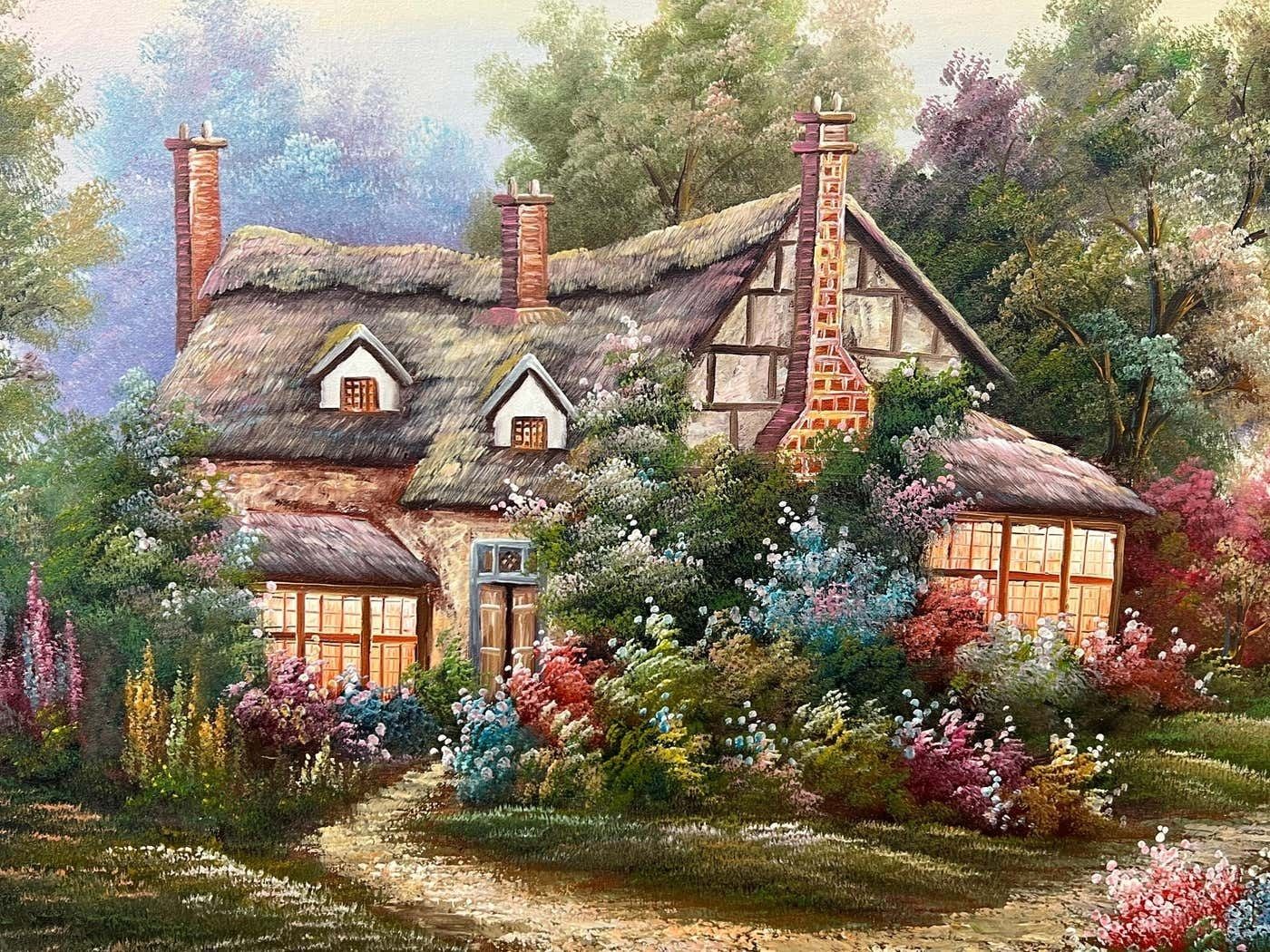Marten Vintage Oil Painting Of Fantasy Cottage In The Woods With Flowers & Gardens 1980 Circa photo buy