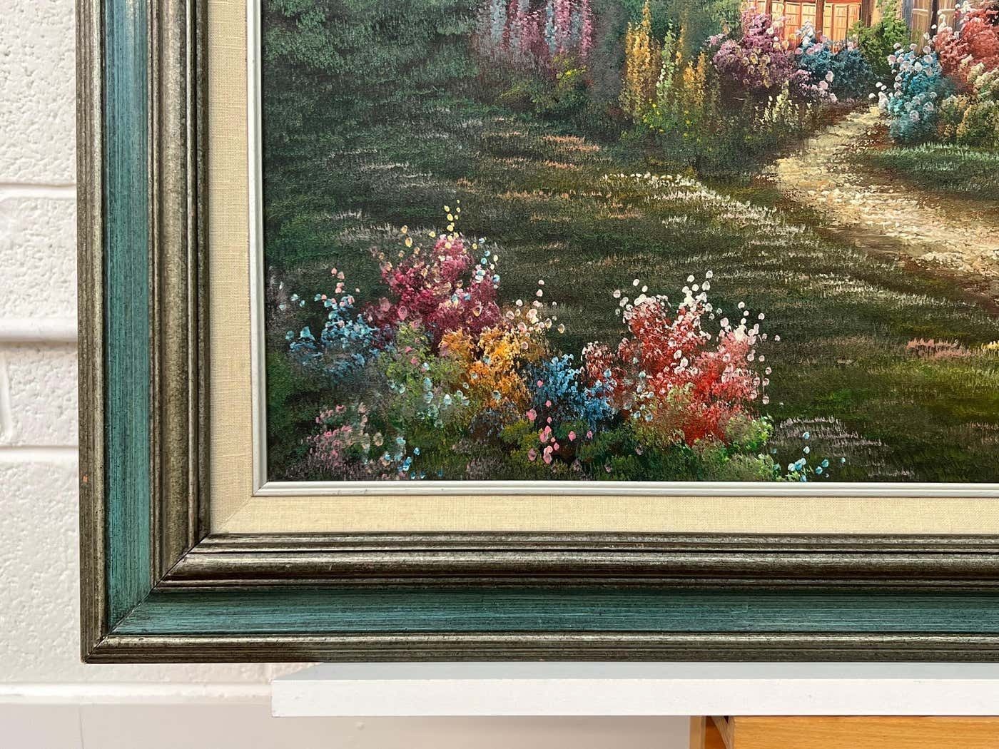 photo furniture Marten Vintage Oil Painting Of Fantasy Cottage In The Woods With Flowers & Gardens 1980 Circa