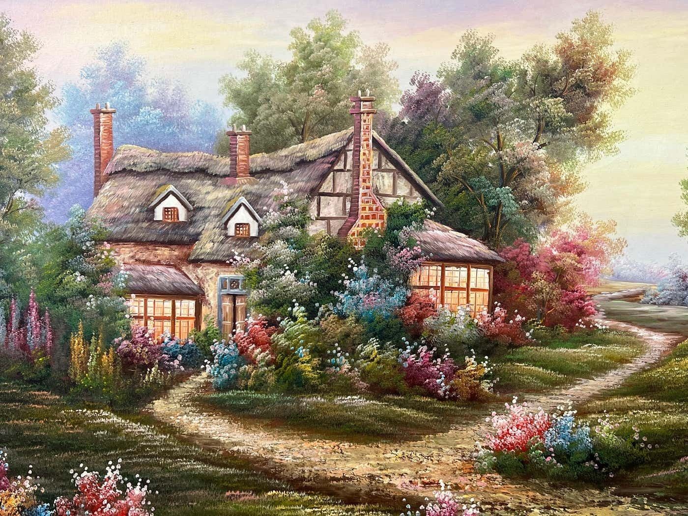 photo for sale Marten Vintage Oil Painting Of Fantasy Cottage In The Woods With Flowers & Gardens 1980 Circa