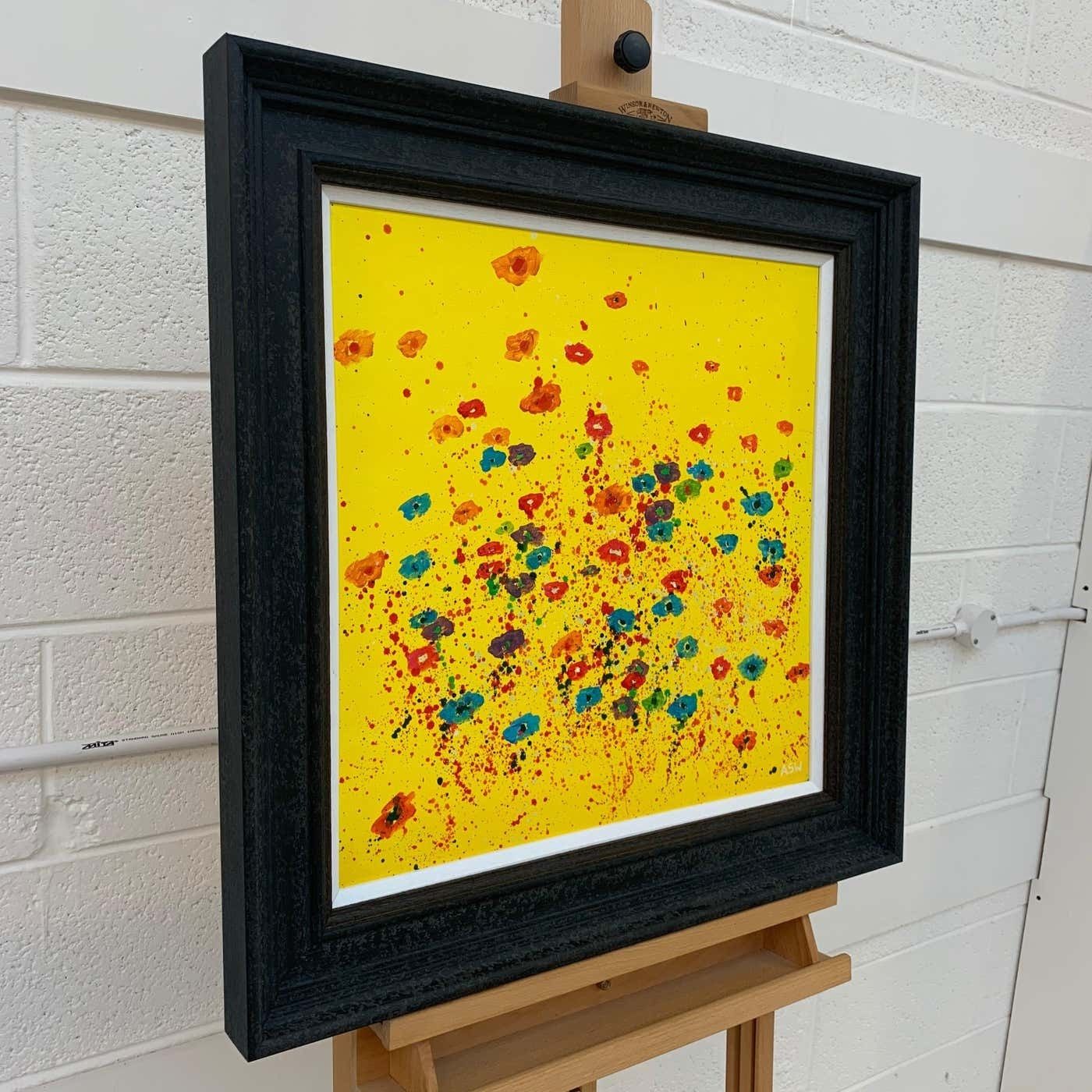 Angela Wakefield Abstract Red Pink Blue Flowers On Yellow Background By British Landscape Artist 2001 photo furniture