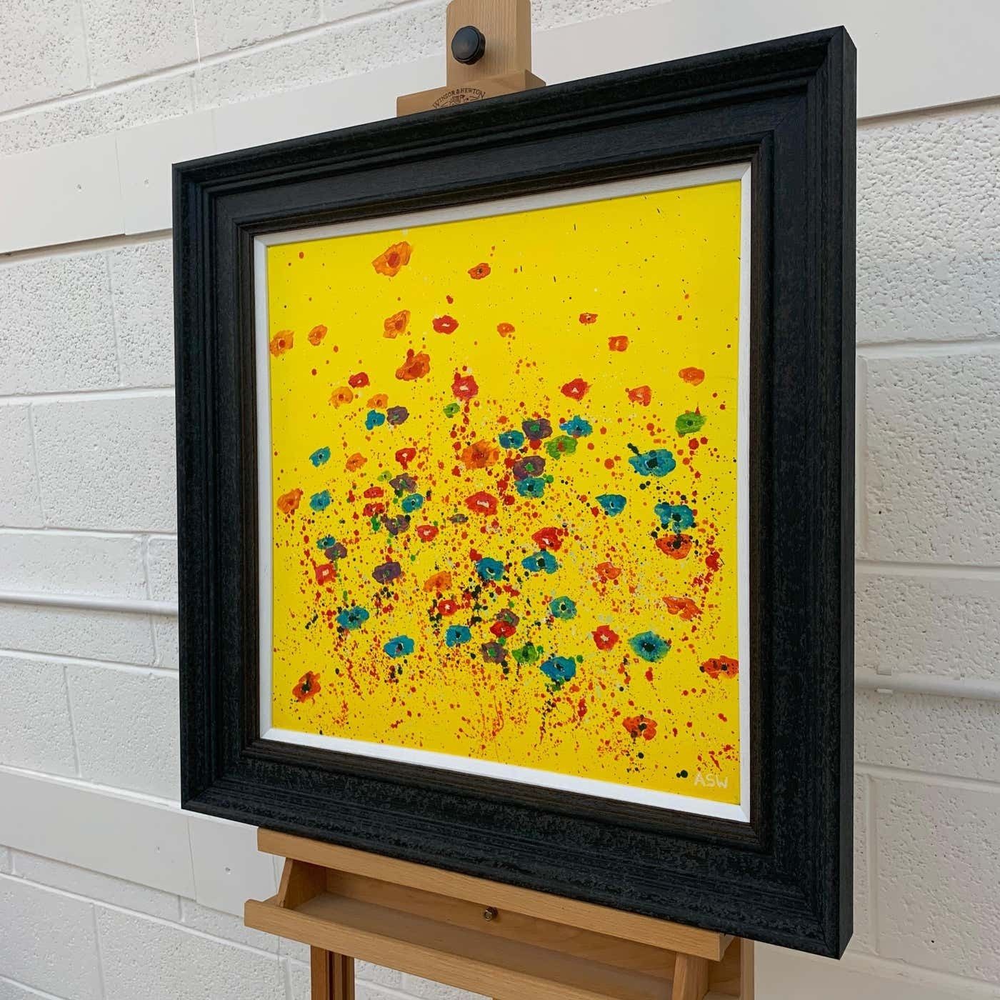Angela Wakefield Abstract Red Pink Blue Flowers On Yellow Background By British Landscape Artist 2001 photo Art