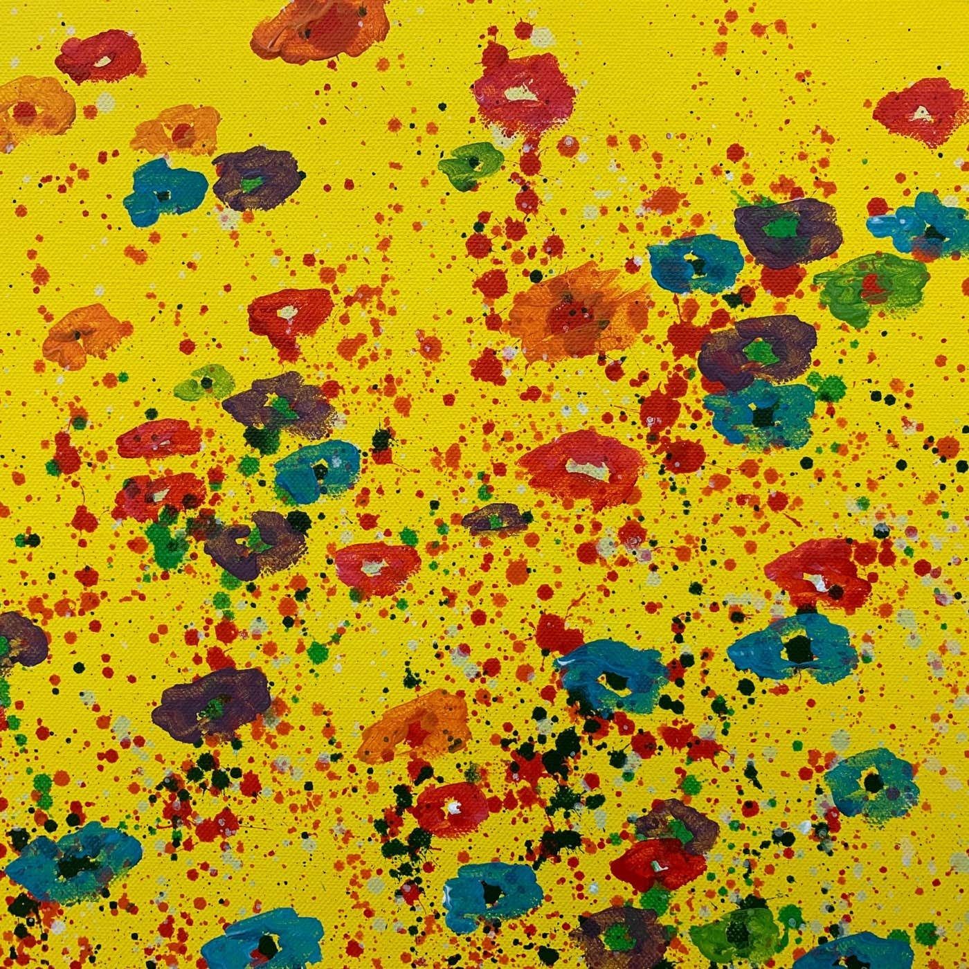 Angela Wakefield Abstract Red Pink Blue Flowers On Yellow Background By British Landscape Artist 2001 photo vinterior