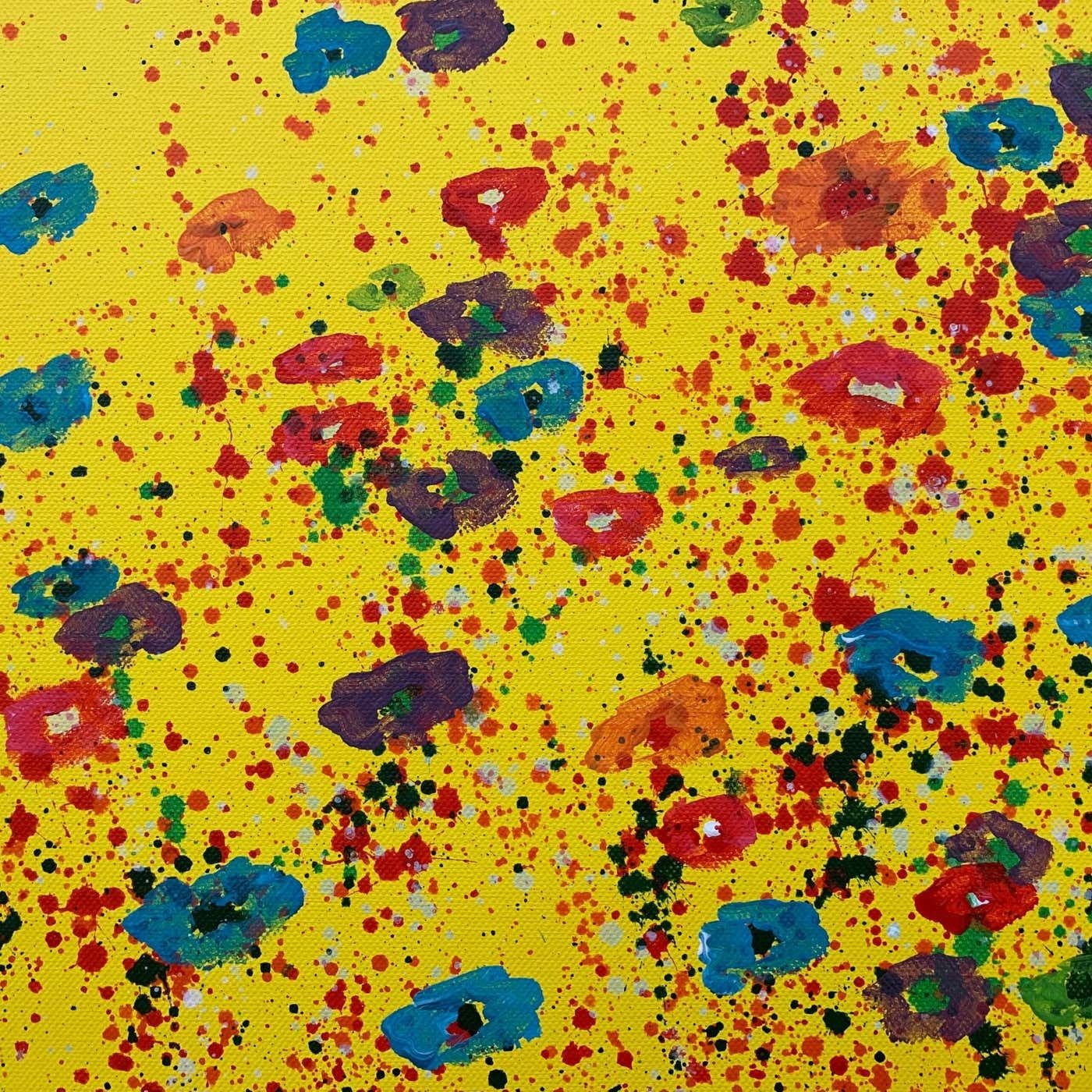 Angela Wakefield Abstract Red Pink Blue Flowers On Yellow Background By British Landscape Artist 2001 photo buy