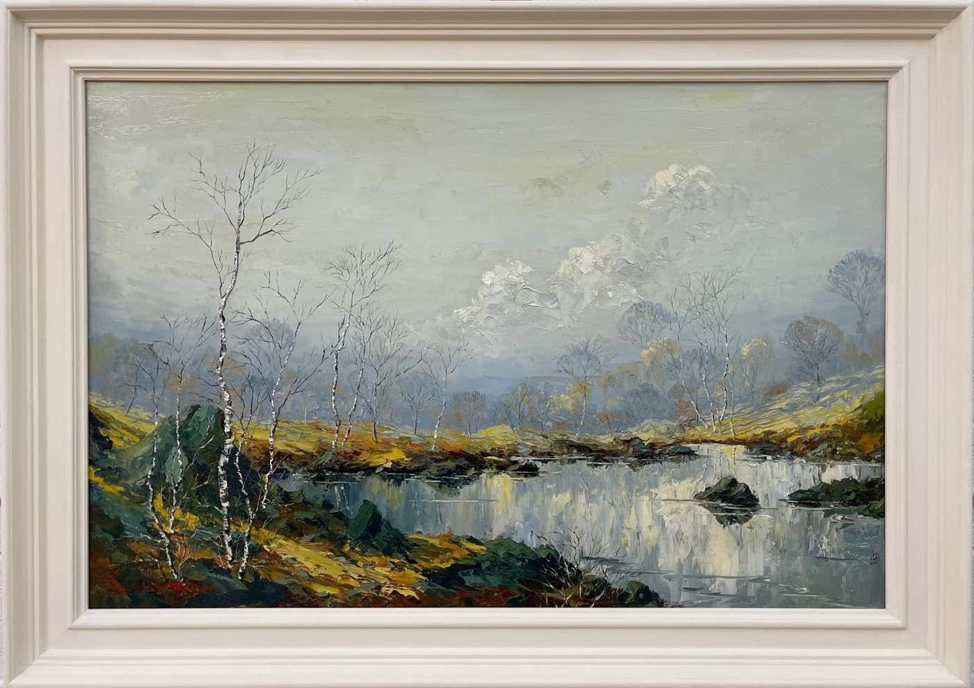 Charles Wyatt Warren Oil Painting Of River Bank With Silver Birch Trees And Misty Hills & Mountains 1970 Circa