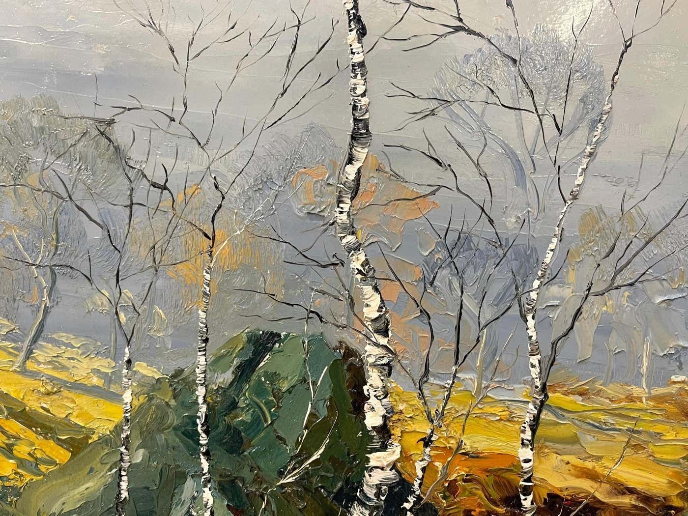 Charles Wyatt Warren Oil Painting Of River Bank With Silver Birch Trees And Misty Hills & Mountains 1970 Circa photo vintage