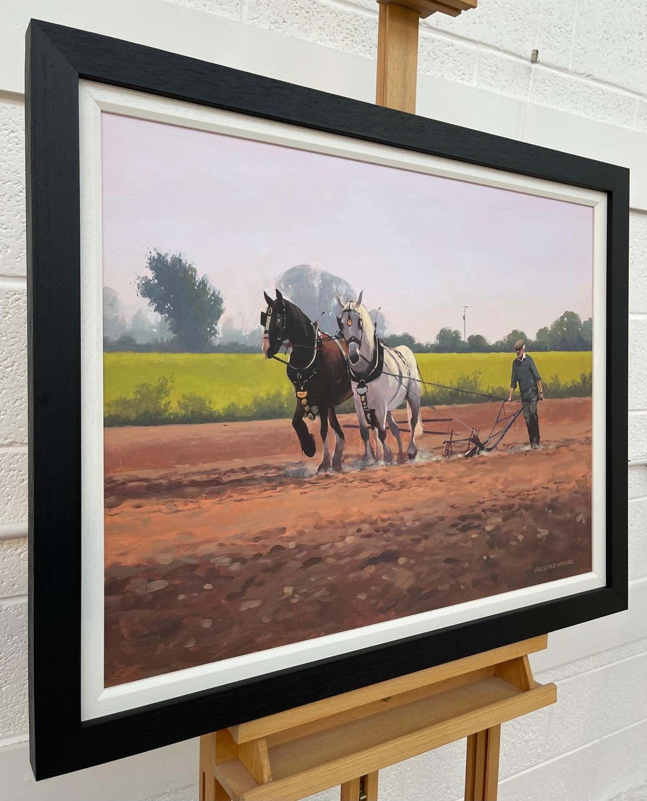 Gregory Moore Horses With Farmer & Plough In Ireland Countryside By Contemporary Irish Artist 2000 Circa photo furniture