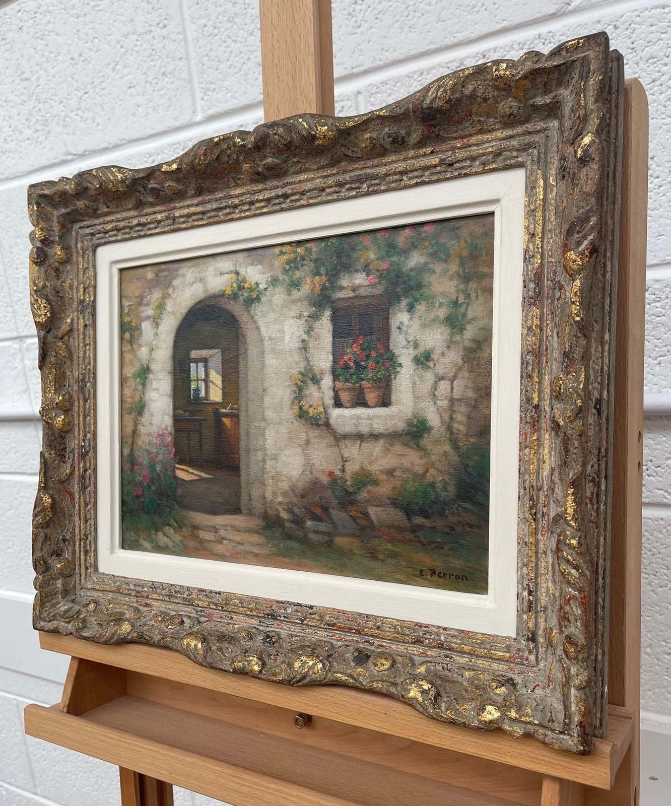 photo for sale Charles Perron Early 20th Century Oil Of French Stone Building Entitled Interieur Et Exteriuer Circa 1925