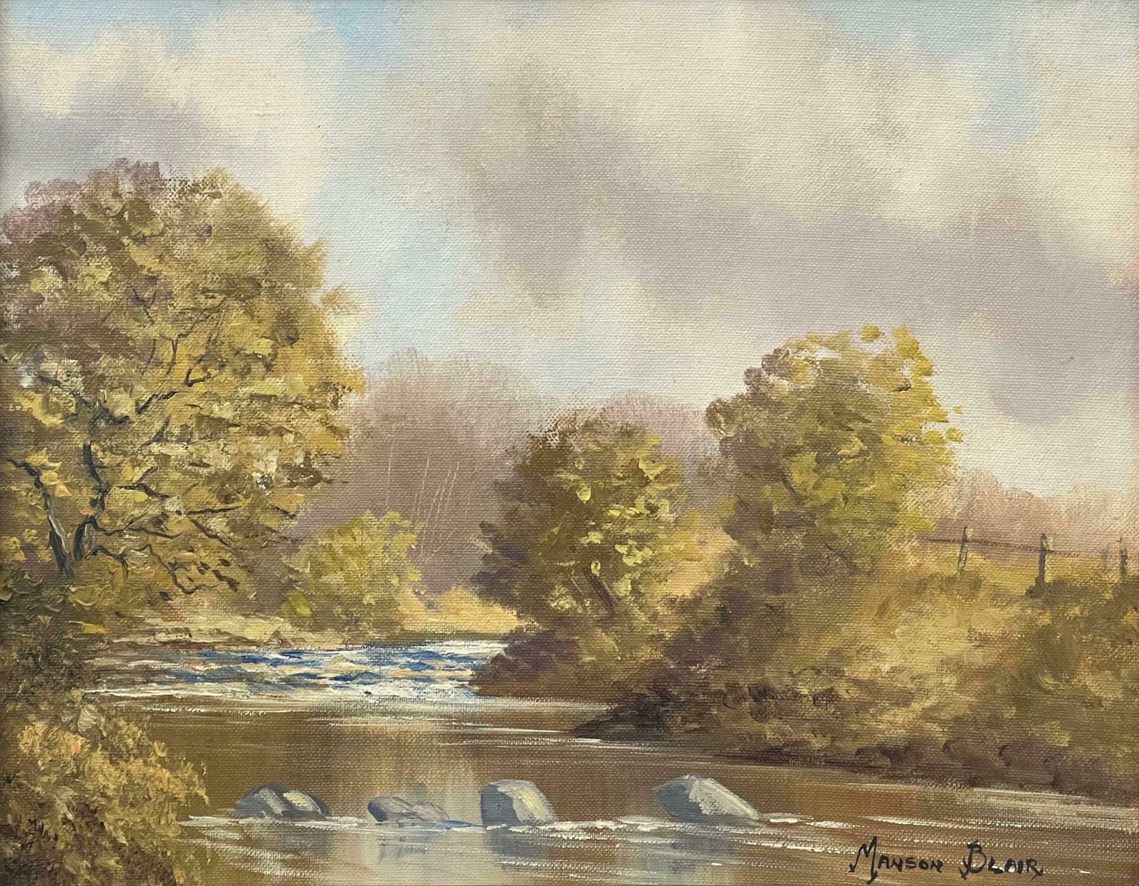 Art Manson Blair Original Oil Painting Of River Landscape In Ireland By 20th Century Irish Artist 1985 Circa photo