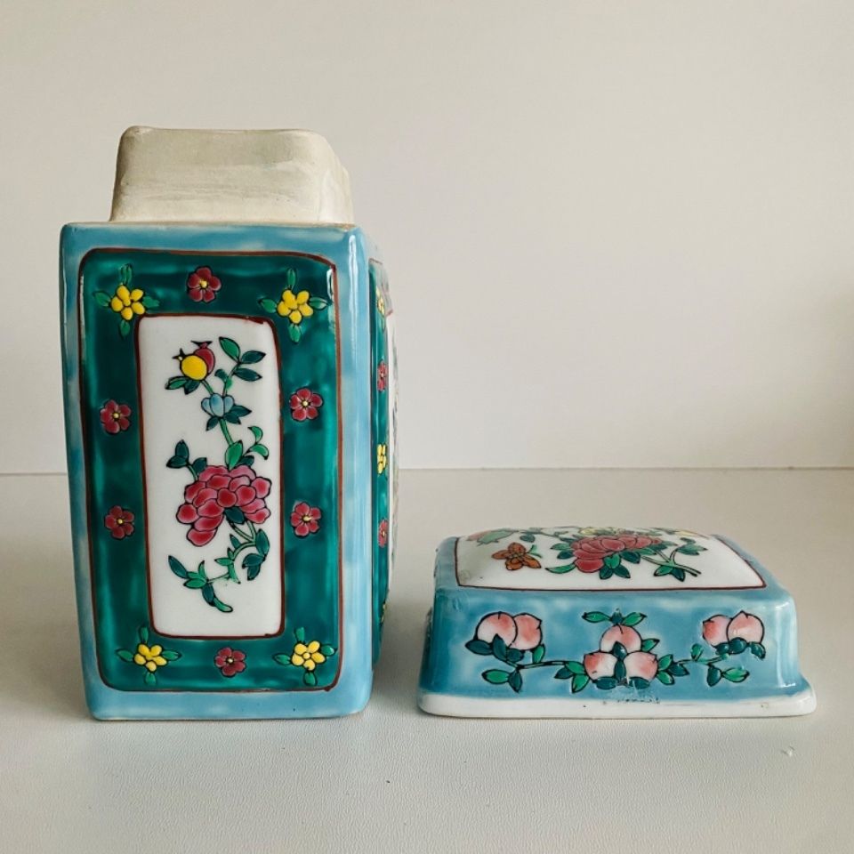 Oosterse Chinese Gedekte Pot, Rechthoekig, Met Handgeschilderde Bloemen photo 56.0