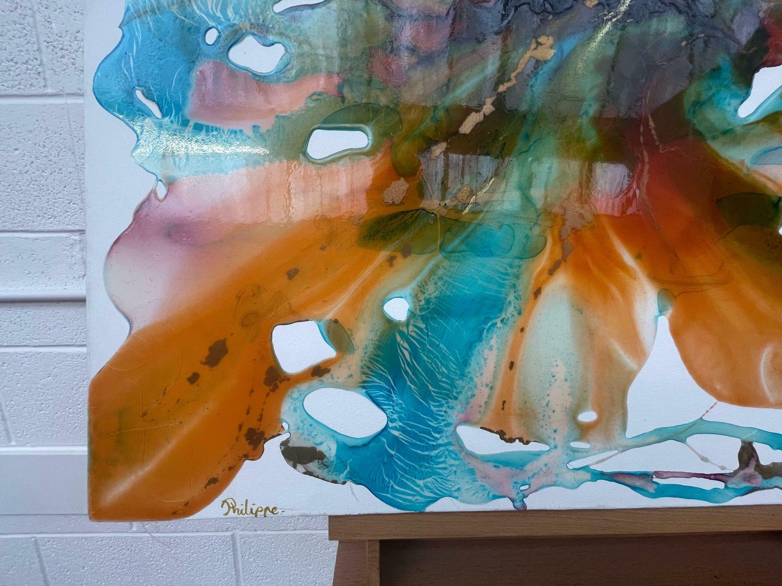 3000.0 Philippe Aird Colourful Abstract Painting Using Orange & Turquoise Resin On A White Canvas 2005 Circa photo