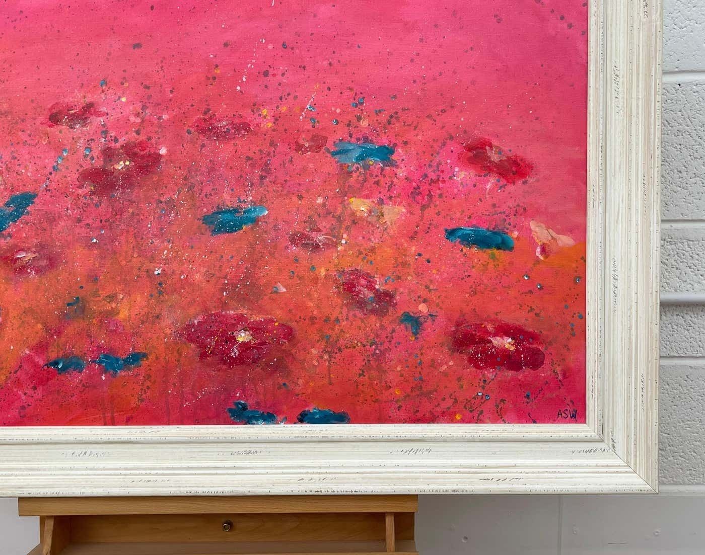 Art Angela Wakefield Abstract Turquoise & Red Flowers On Pink Background By British Landscape Artist 2021 photo