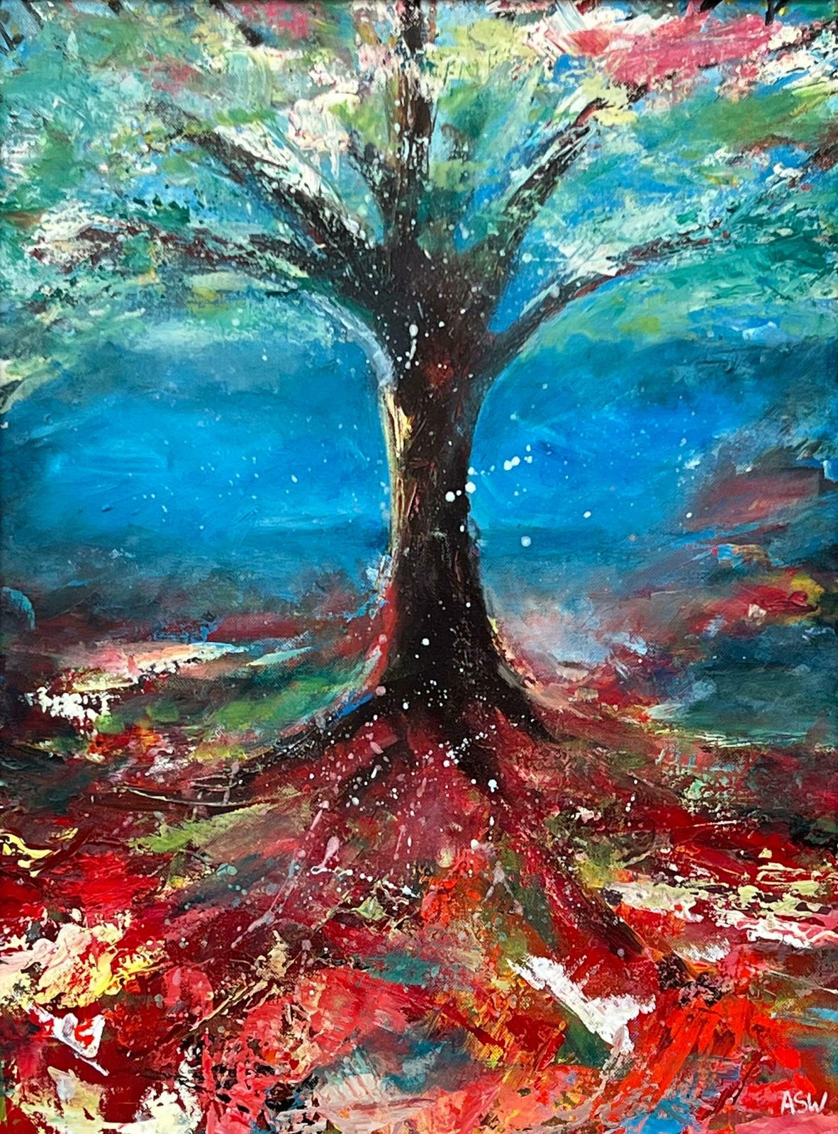 Angela Wakefield Tree With Red Pink White & Blue Abstract Background By British Landscape Artist 2023 photo 7250.0