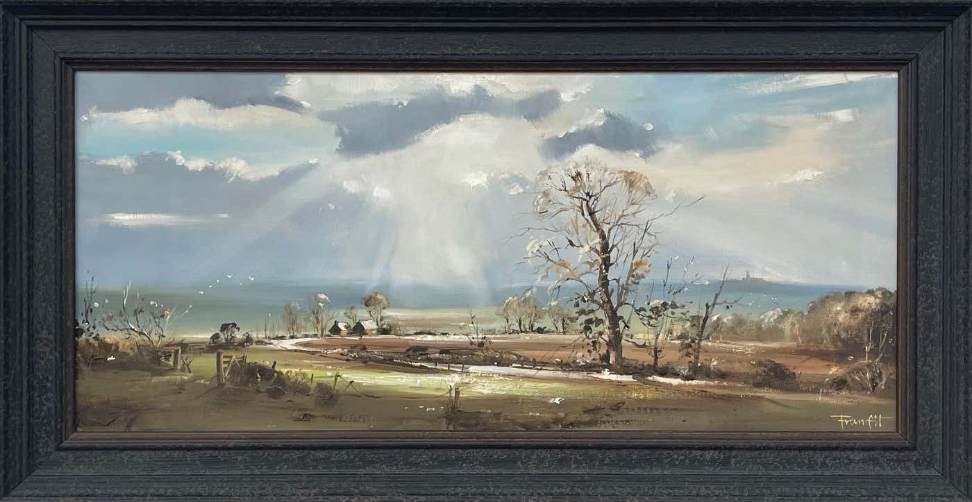 Frank Fitzsimons Ireland Landscape With Trees, Buildings & Sun Rays By Contemporary Irish Artist 1985 Circa