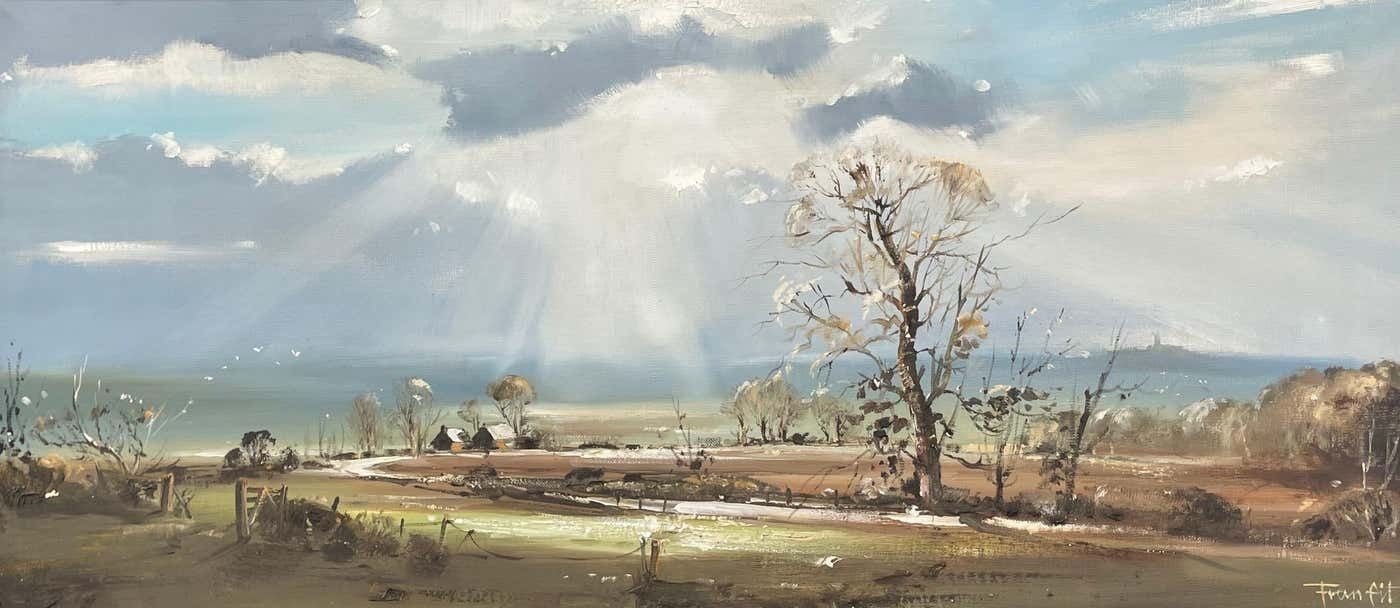 Frank Fitzsimons Ireland Landscape With Trees, Buildings & Sun Rays By Contemporary Irish Artist 1985 Circa photo vinterior