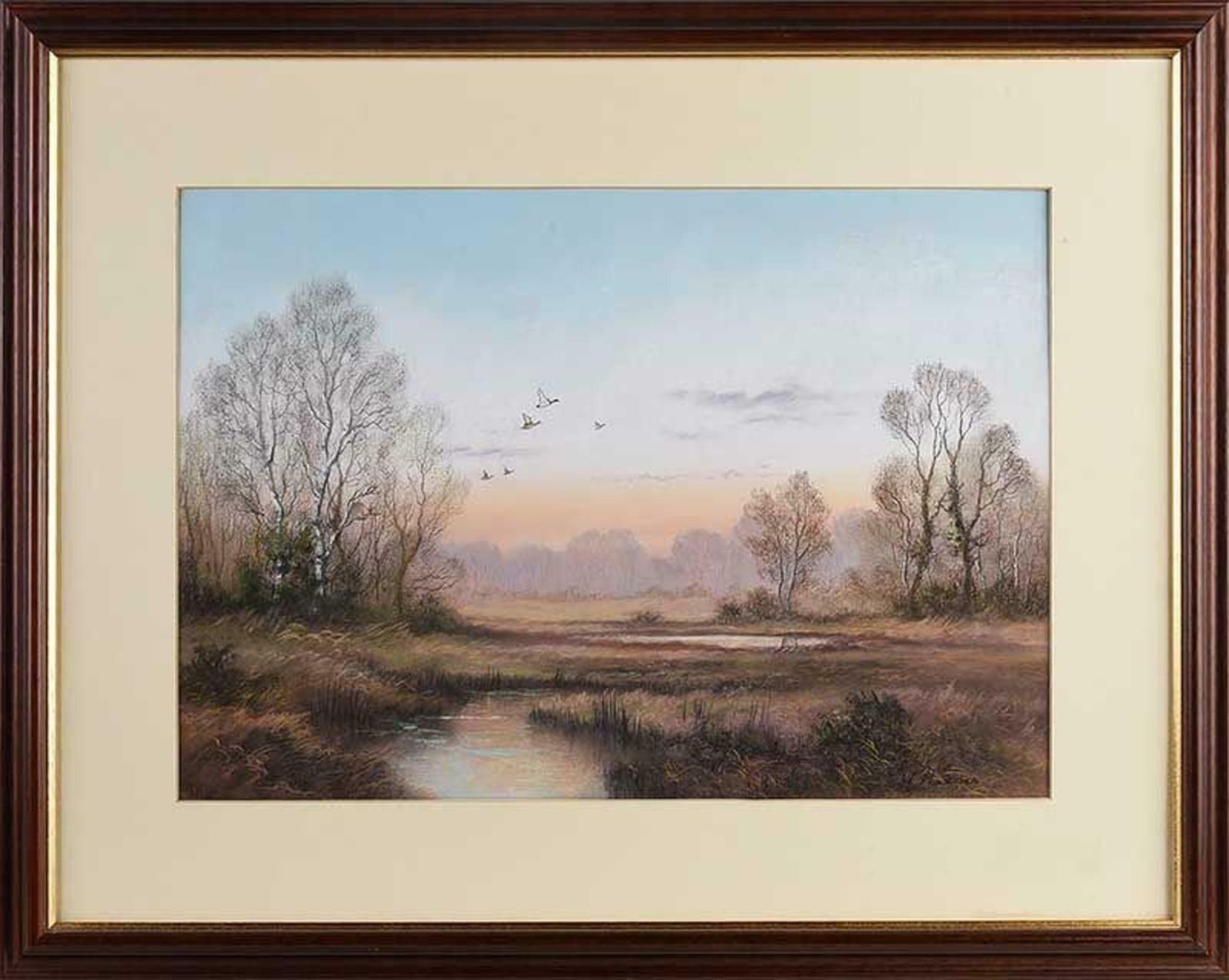 Wendy Reeves Mallards Over Wetlands In The English Countryside By 20th Century British Artist 1985 Circa